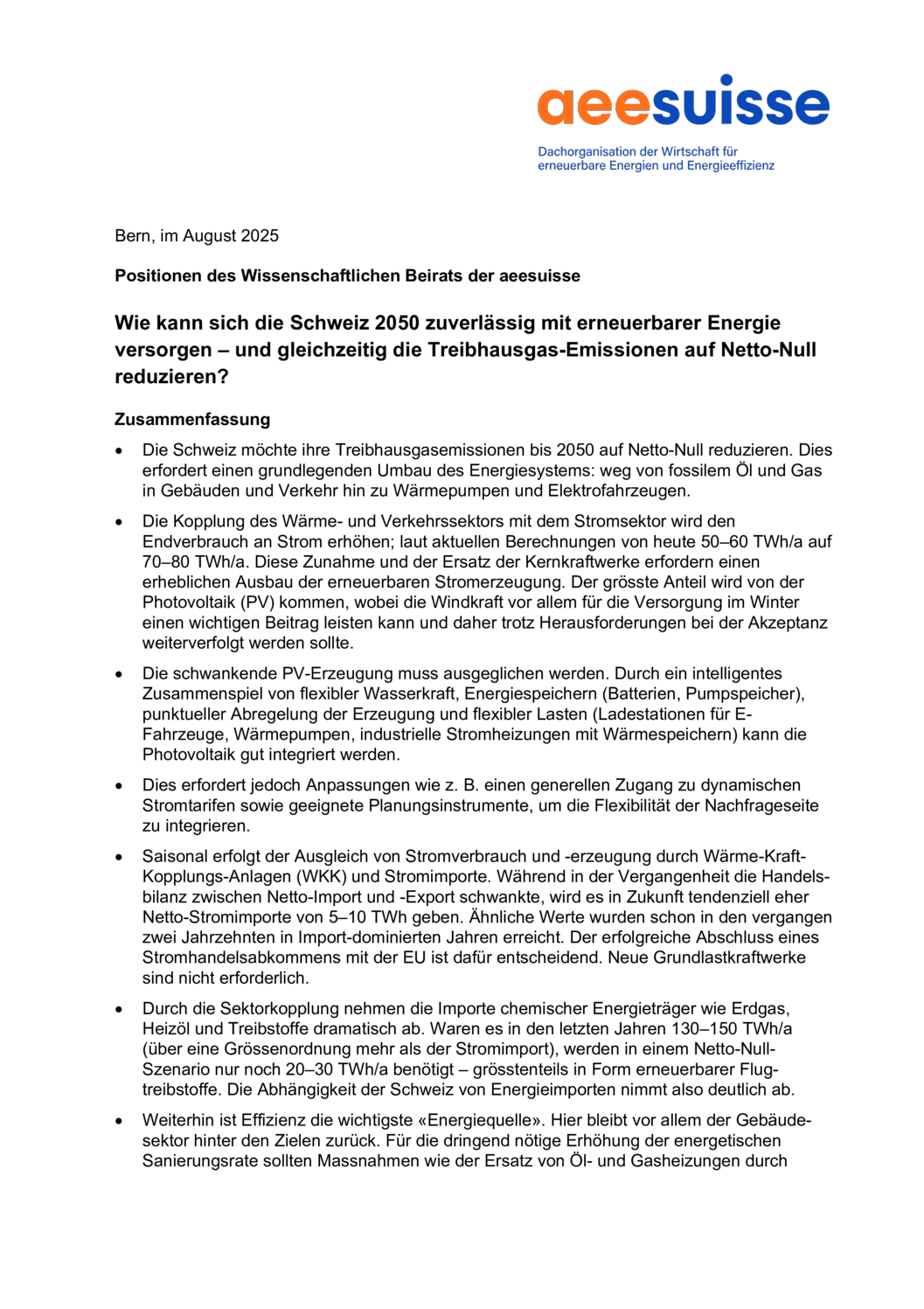 Positionspapier Erneuerbare Energien 2050